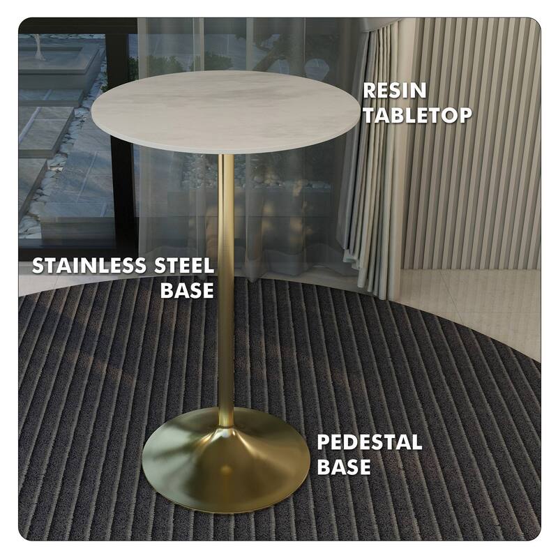 LeisureMod Verve Round Bar Dining Table with White Resin TableTop and Gold Steel Base for Kitchen & Dining Room