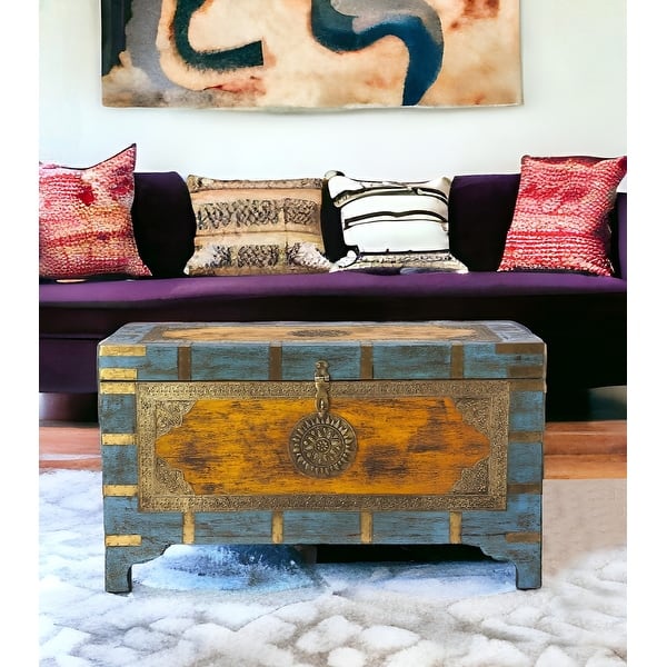 Traditional Hand Painted Brass Inlay Storage Trunk Traditional Hand Painted Brass Inlay Storage Trunk
