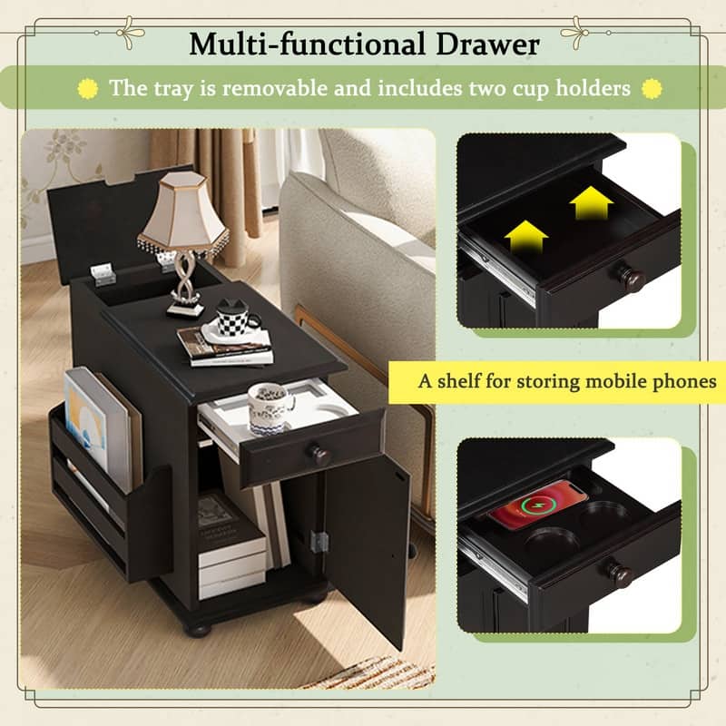 Retro Flip-Top End Table – USB Ports, Cup Holder Drawer & Bookshelf, Ideal for Small Spaces.