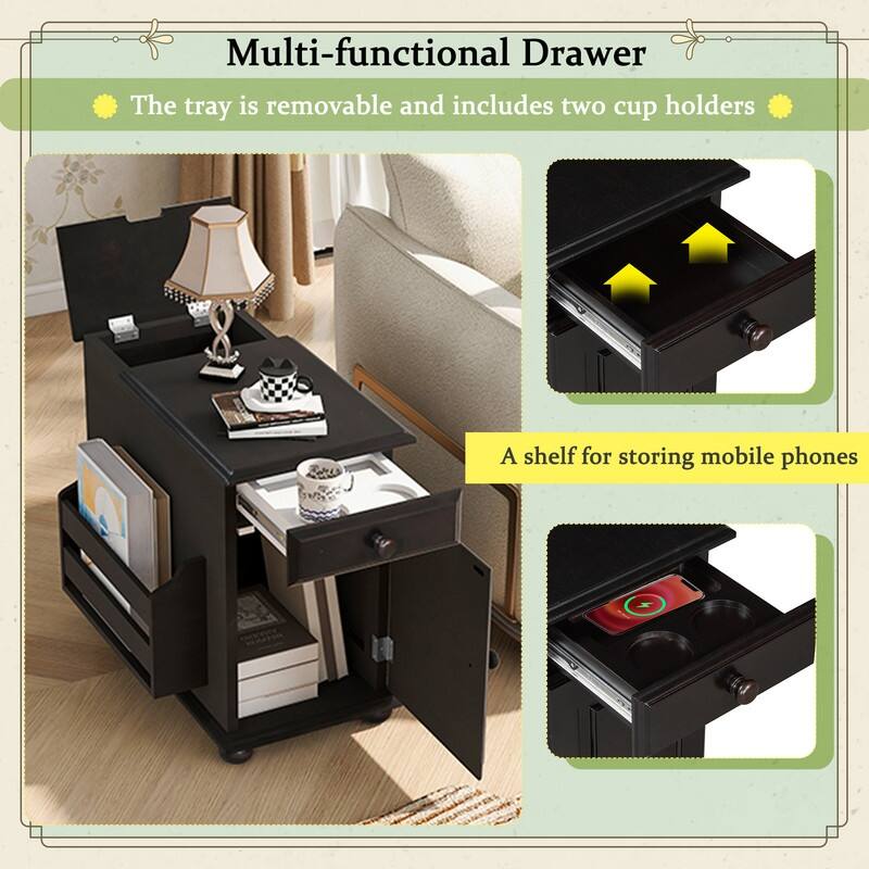 Vintage End Table Flip Top Side Table with USB Ports,One Multifunctional Drawer with cup holders,Sofa Couch Table with Bookshelf