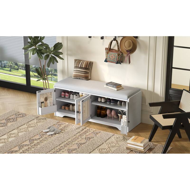 Roomfitters Large Entryway Storage Bench, Boho Rattan Cabinet, Shoe Organizer Seat, Adjustable Shelves