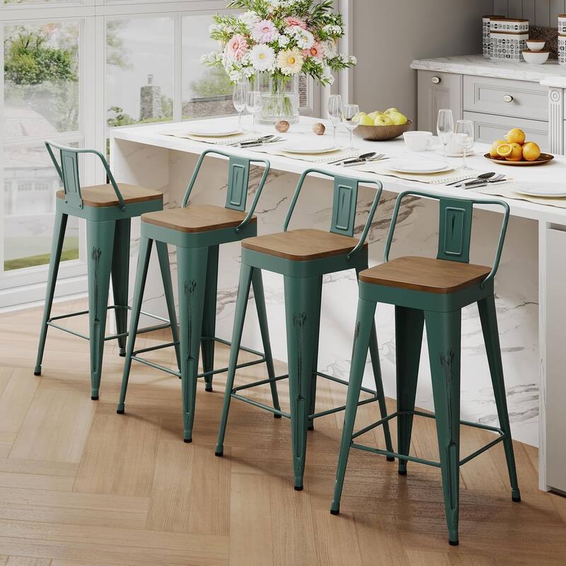 Industrial Style Bar & Counter Stools with Metal Frame Kitchen 26" and 30" Seat Height Stools with Low Back and Wooden Seat
