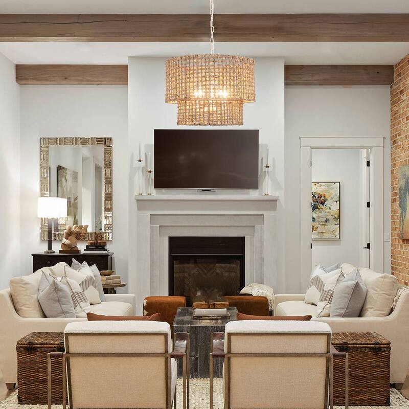 5-Light Metal 2-Tier Traditional Linear Drum Chandelier Pendant Light with Rattan Shade for Kitchen Island Dining Room