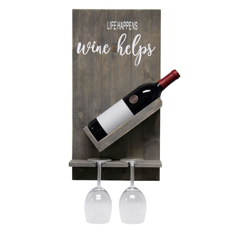 Elegant Designs Lucca Wall Mounted Wooden “Life Happens Wine Helps” Wine Bottle Shelf with Glass Holder