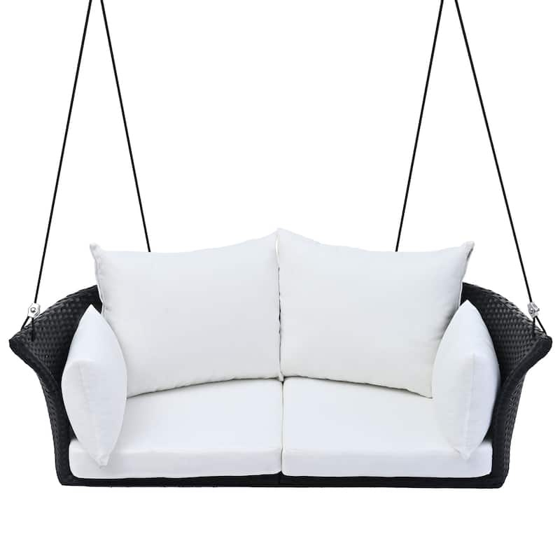 2-Person Porch Swing Bench, PE Rattan Outdoor Swing Chair w/ Comfortable Seat & Back Cushions, Patio Loveseat Swing for Balcony