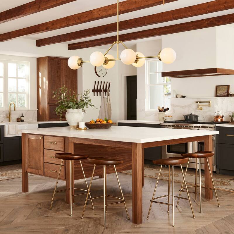 6-Light Dimmable Modern Metal & Glass Pendant Light with Adjustable Rods for Dining Room