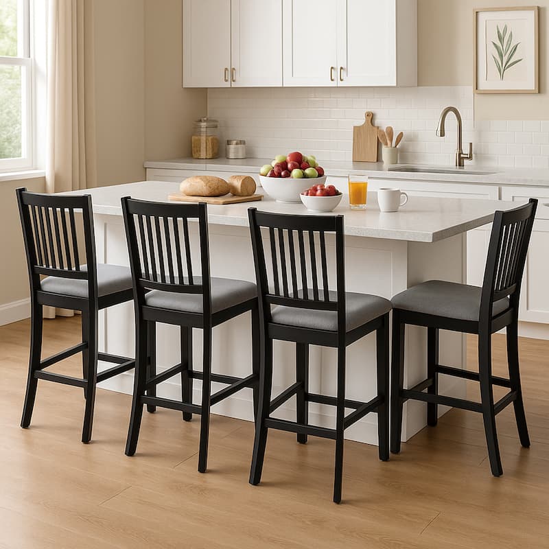 Farmhouse 24.8" Counter Height Chairs Slat Back Padded Wood Bar Stools - 21L×18W×35H - Set of 4 - Black