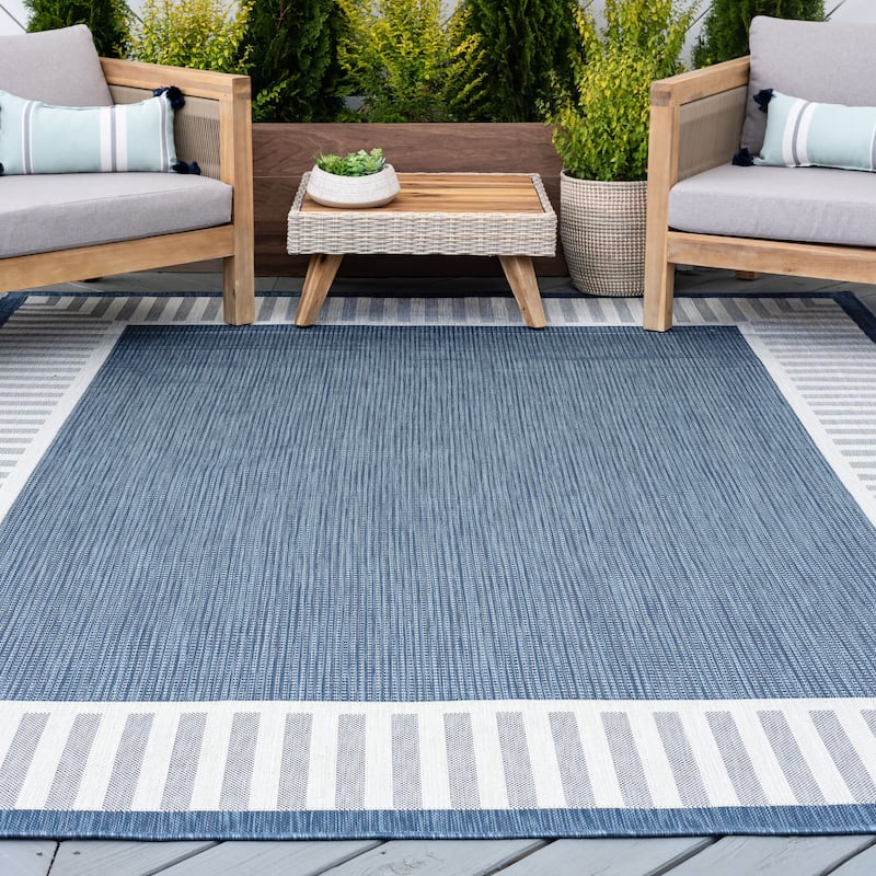 Exo Coastal Striped Border Indoor/ Outdoor Area Rug - 8'9'' x 12'2'' - Blue/Cream