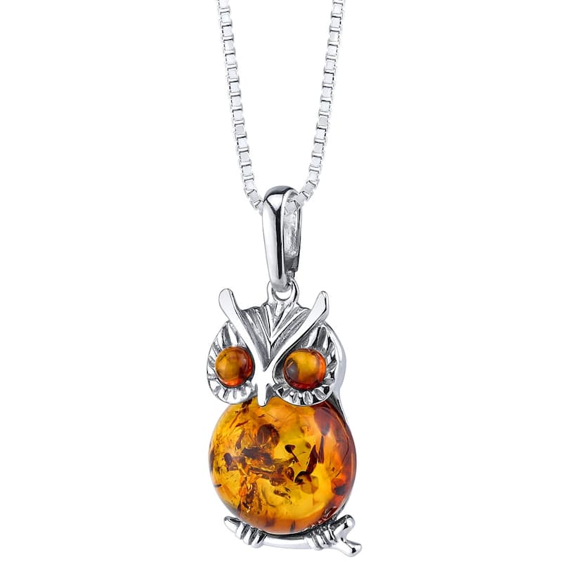 Amber Owl Pendant in Sterling Silver