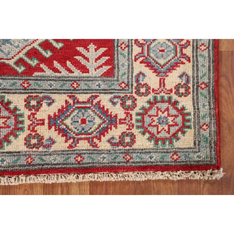 Geometric Red Kazak Accent Rug Hand-Knotted Bedroom Wool Carpet - 2'9" x 3'10"