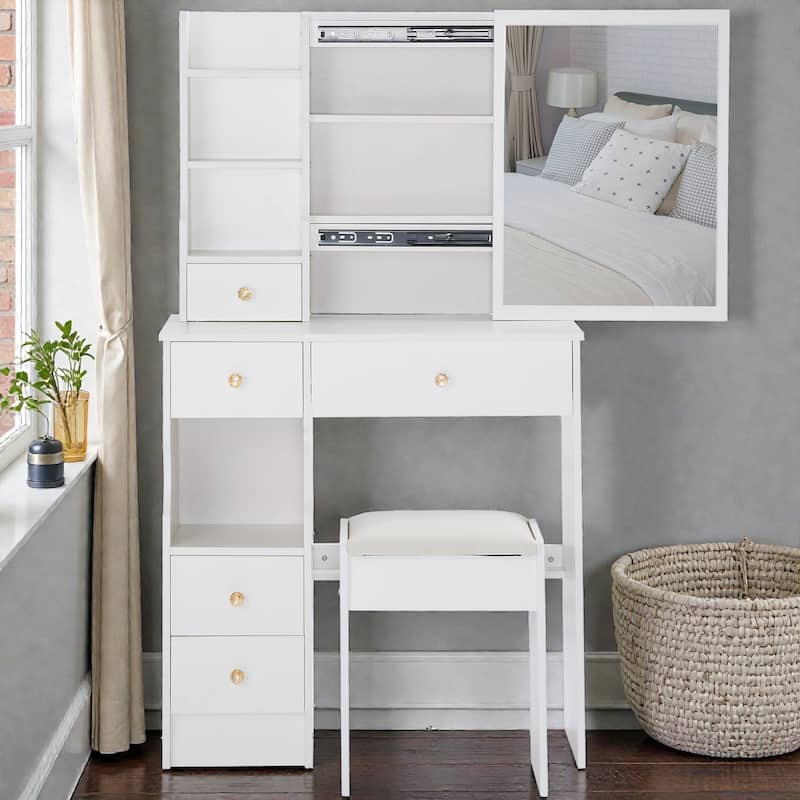 Small Space Vanity Table with Sliding Mirror and Stool, 29.2 Inch Makeup Dresser with Drawer Storage