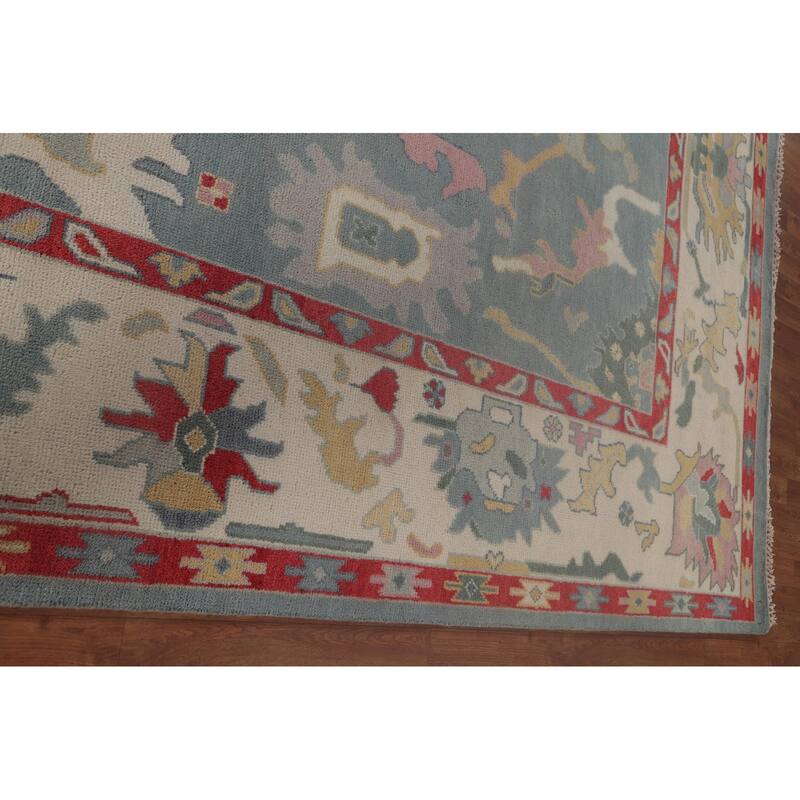 Light Blue Oushak Area Rug Hand-Knotted Transitional Wool Carpet - 9'1" x 11'9"