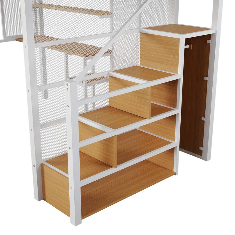 White Full Metal Loft Bed with Wardrobe, Desk & Storage Shelves