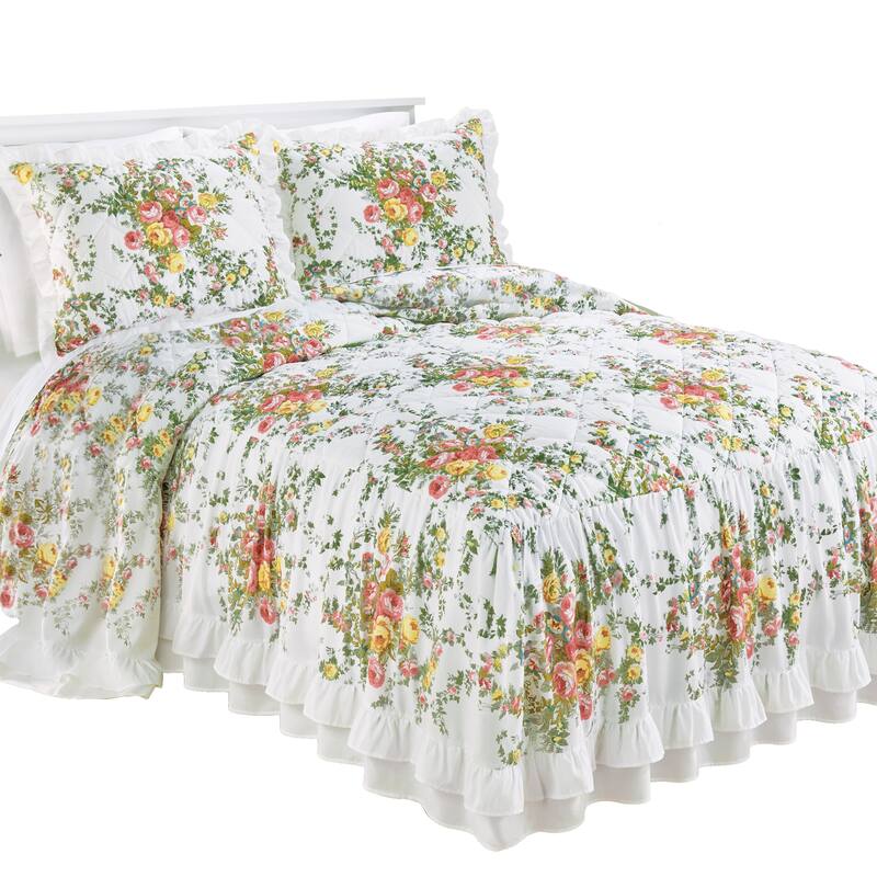 Floral Design Tiered Ruffled Border Quilt Top Bedspread