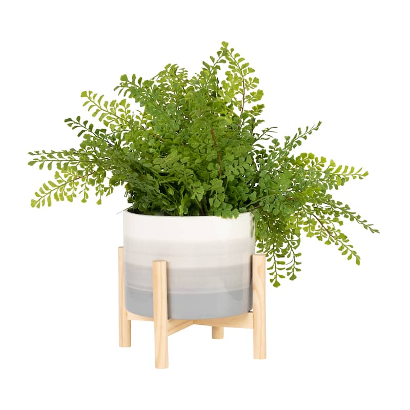 Sagebrook Home Neutral Grey Ombre 8" Ceramic Planter with Wood Stand - 8" x 8" x 9"