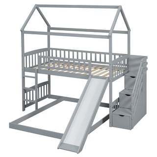 Multifunctional Twin Over Twin Bunk Bed with Two Drawers and Slide,House Bed with Roof