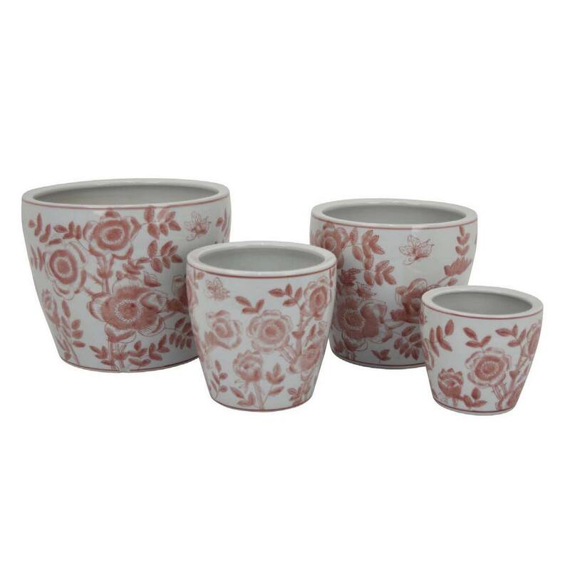 Elegant Pink Floral Design Ceramic Planter Pot with Indoor and Outdoor