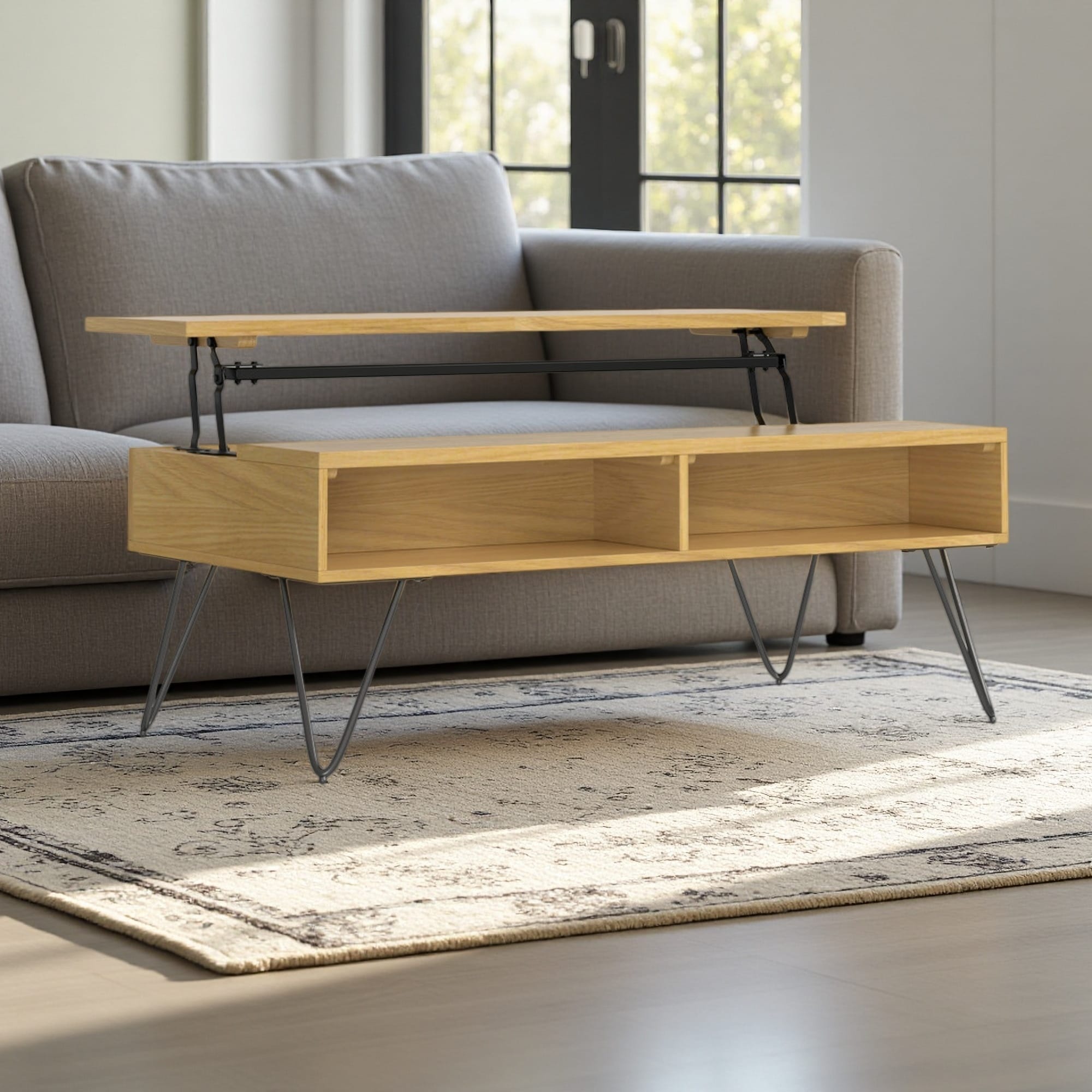 48" Solid Wood Lift Top Coffee Table, Storage Coffee Table with Hairpin Legs
