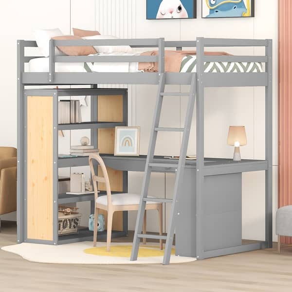 slide 2 of 20, Wooden Twin Size Loft Bed Frame with L-shaped Desk, Multi-layer Shelves, Drawers, Oleophobic Board, Ladder, Guardrails Gray - Twin