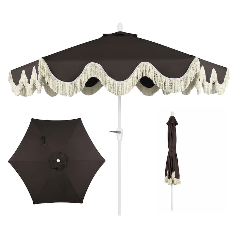 9ft Tassel Patio Umbrella Auto-Tilt, Crank , by JONATHAN Y
