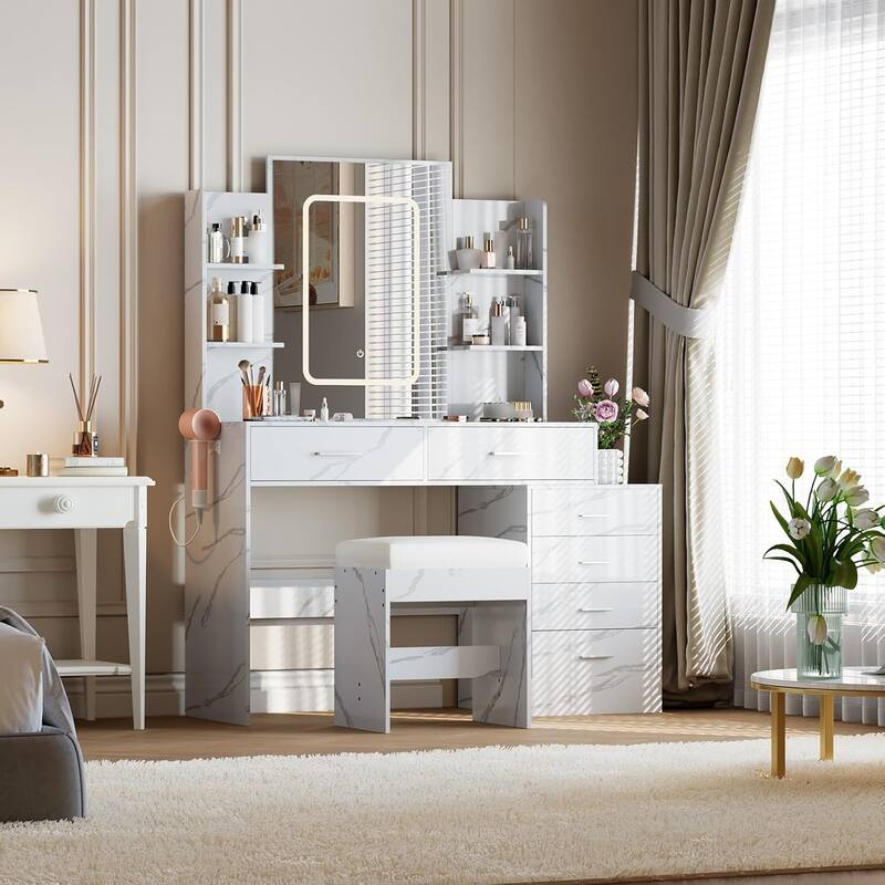 Vanity Desk with Mirror, LED Lights & Power Outlet, Makeup Table with 6 Drawers, 6 Shelves & Stool for Bedroom