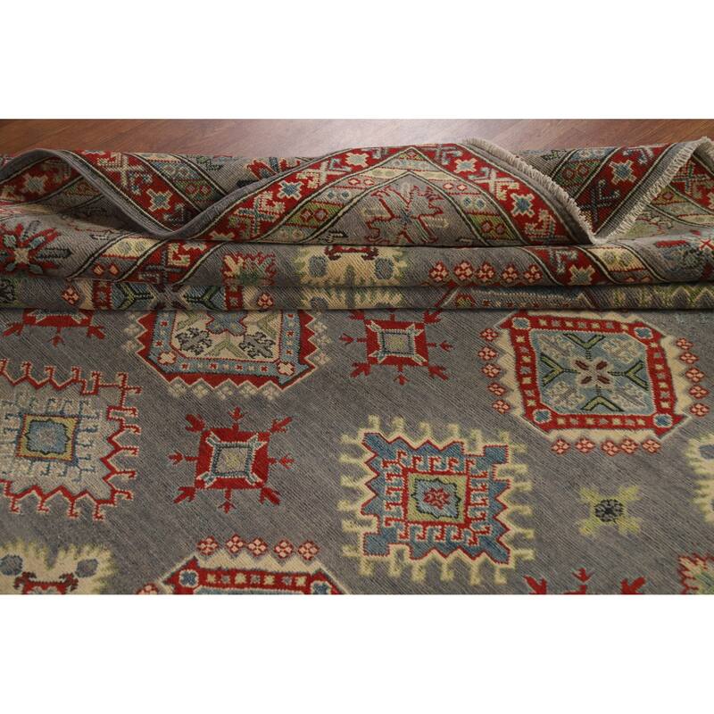Hand Knotted Oriental 100% Wool Carpet Traditional Geometric Greys & Charcoal Kazak Area Rug - 9' 10'' X 8' 2''