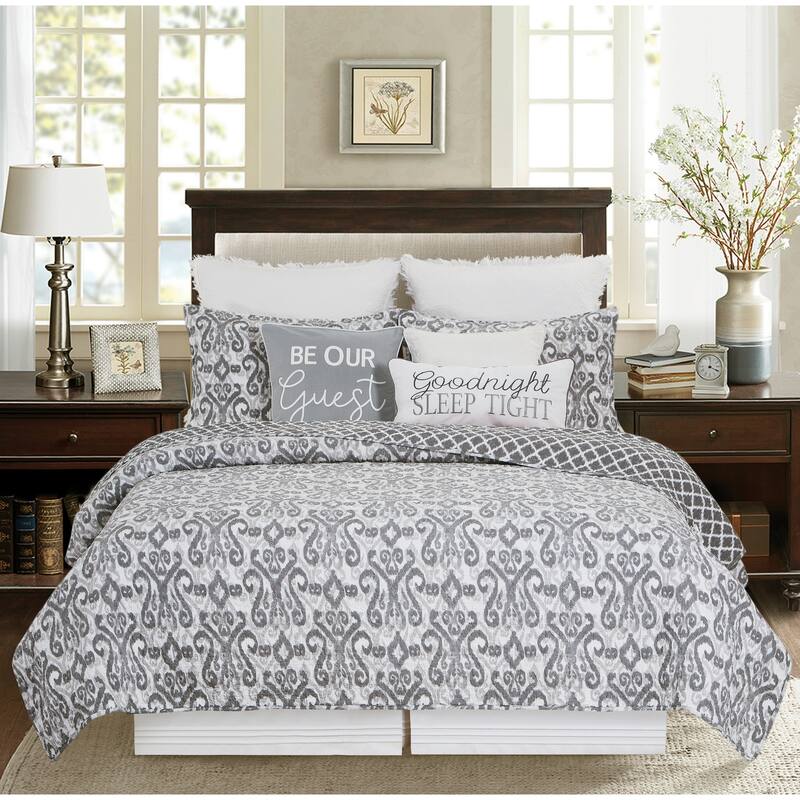 Heather Grey & White Damask Reversible Diamond Twin Quilt Set Machine Washable Cotton Quilt Set