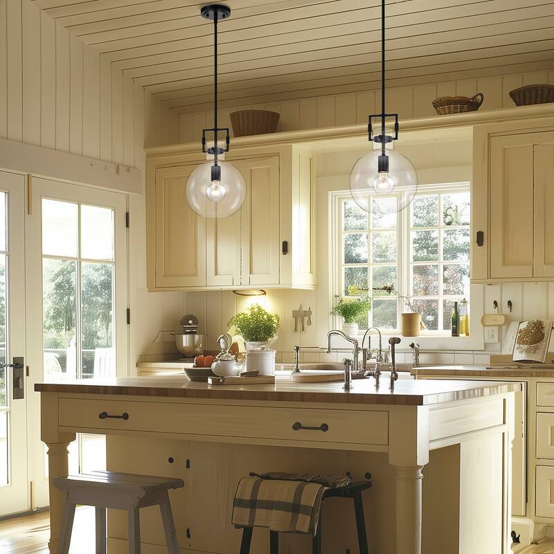Matte Black 1-Light 10 Inch Globe Shaped Clear Glass Pendant