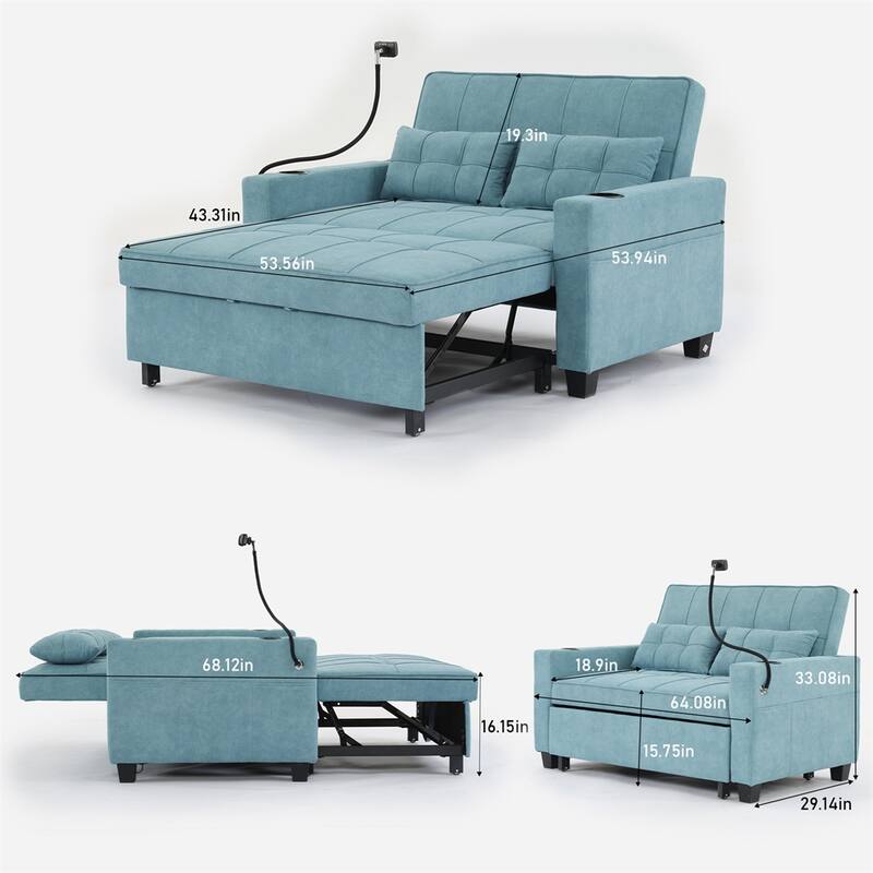 3-in-1 Pull Out Convertible Sleeper Chair w/ USB Ports,Wear Resistant