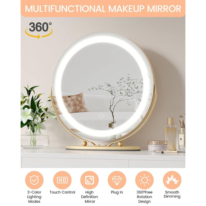 19 Inch Vanity Mirror with Lights, Round Large LED Vanity Mirror with Smart Touch 3 Colors Dimmable, Touch Lighting