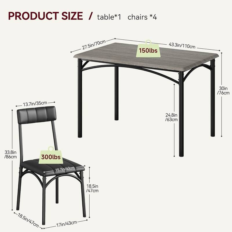 5-Piece Dining Table Set with 4 Upholstered Chairs, Metal and Wood Table for Kitchen or Apartment