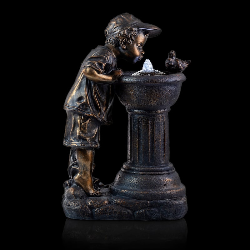 Alpine Corporation Outdoor Floor Joyful Boy and Girl Drinking Water Fountain, Playful Garden Waterfall with LED Lights