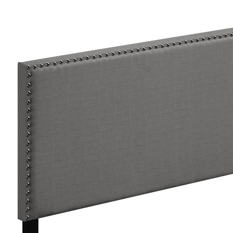 Light Grey Upholstered Queen Panel Bed with Nailhead Trim and Wooden Legs