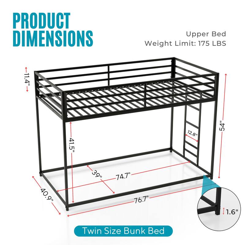 Furniture of America Jackson Modern Metal Twin over Twin Low Profile Bunk Bed with Reversible Ladder