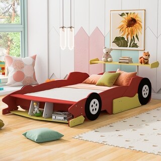 Full Size Race Car Themed Platform Bed with Functional Wheels and Side Safety Rails for Kids' Rooms