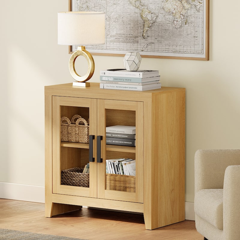 WAMPAT Modern Farmhouse TV Stand, Entertainment Center with Tempered Glass Doors & Adjustable Shelves