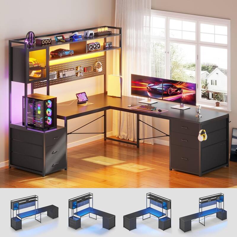 L Shaped Gaming Desk 6 Drawers Reversible Computer Corner Desk - Black