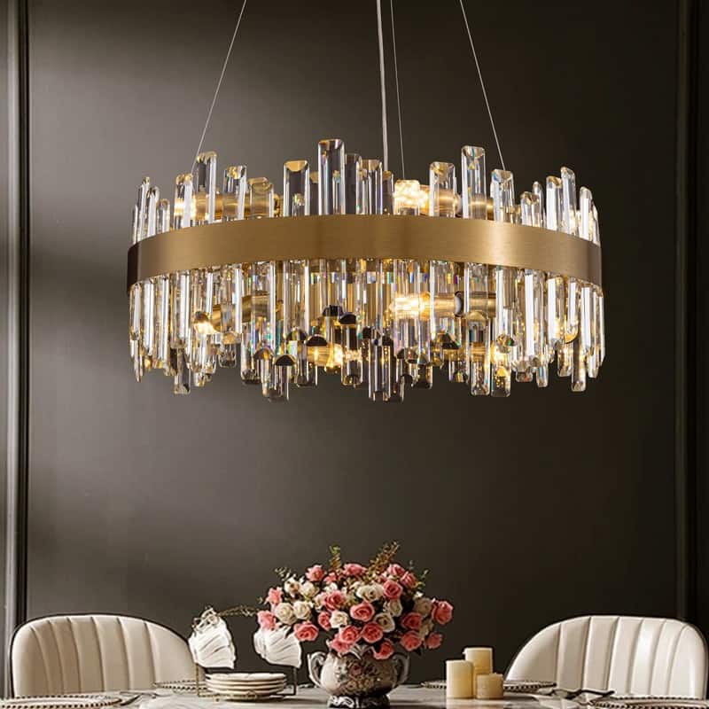 24 in. 2-Tier Modern Crystal Chandelier Brass Gold Round Crystal Raindrop Chandelier Contemporary Pendant Light for Dining Room - Modern Chandelier