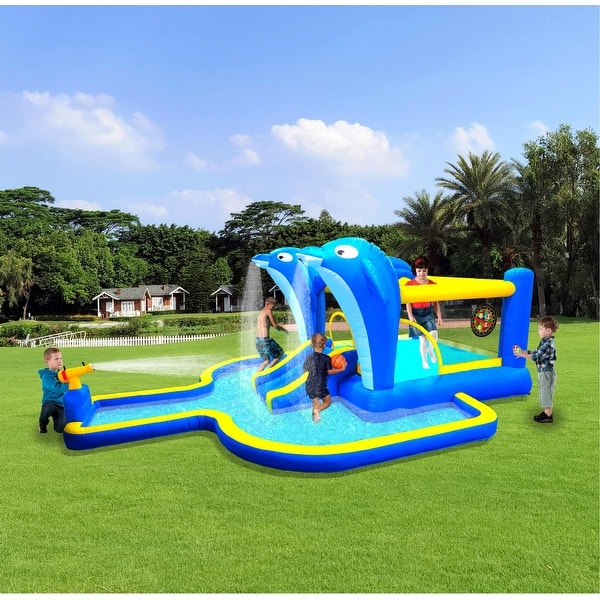 slide 2 of 10, Inflatable Water Slide Bounce House,Outdoor 8 In 1 Play w/Target games & Water gun & Basketball 2-4 Years - Multicolor