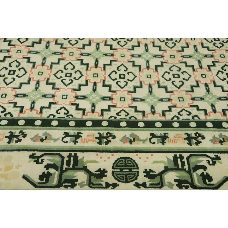 Hand-knotted Traditional Wool Beige Geometric Oriental Area Rug - 12' 1'' X 9' 0''