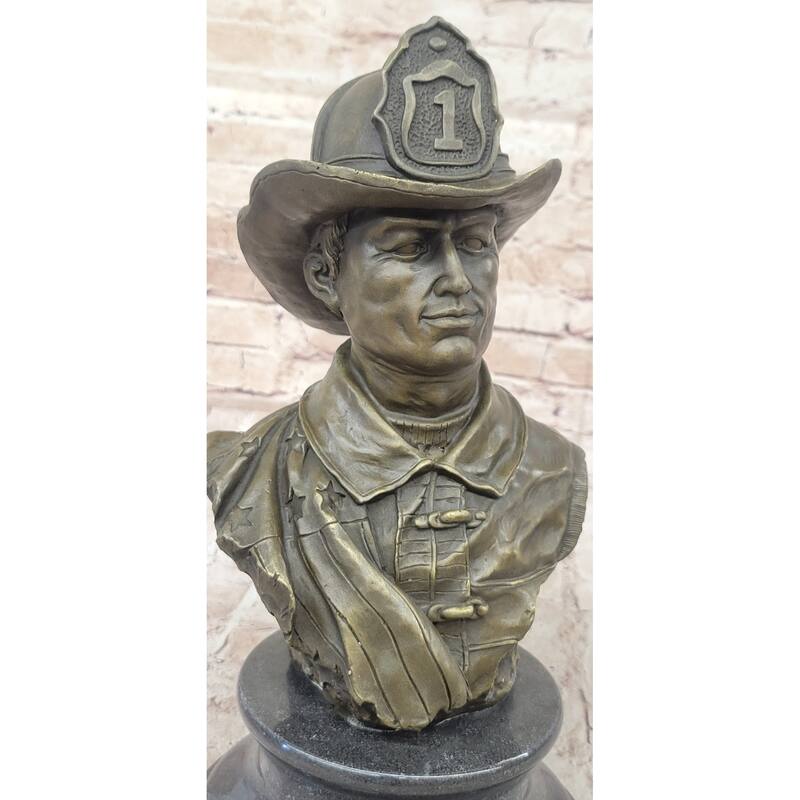 Firefighter Fireman Bronze Metal Bust Statue Sculpture Memorial On Marble Base