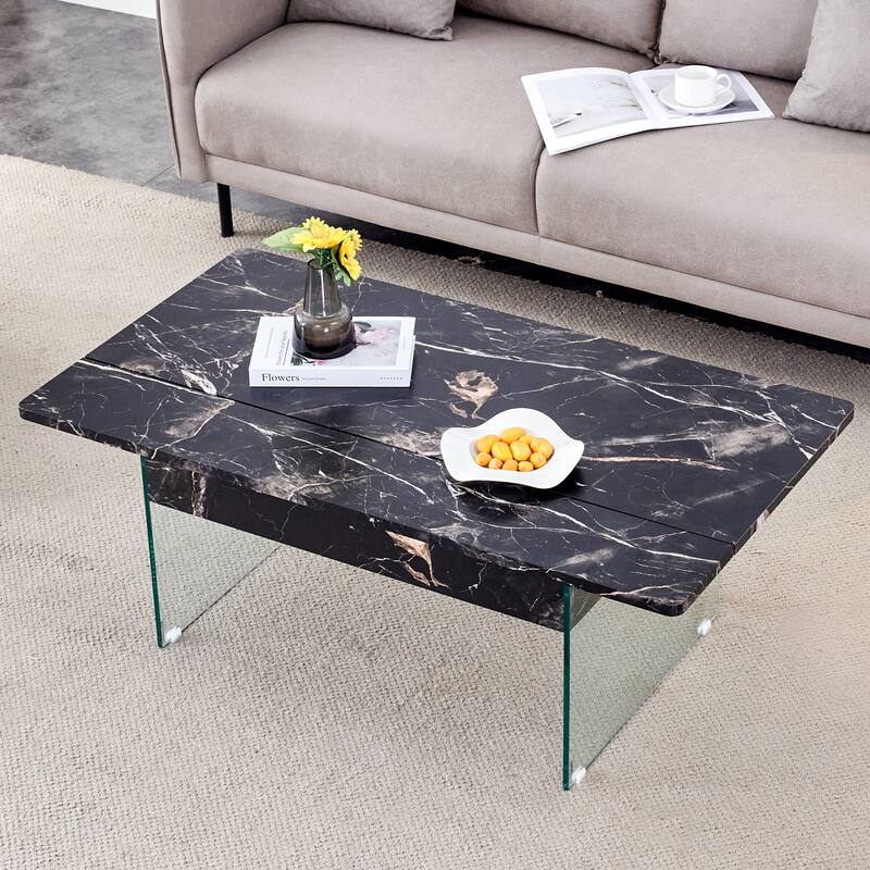 Multifunctional Lift-Top Coffee Table with Tempered Glass Legs, Rectangular Living Room Table 2-Tier Center Table