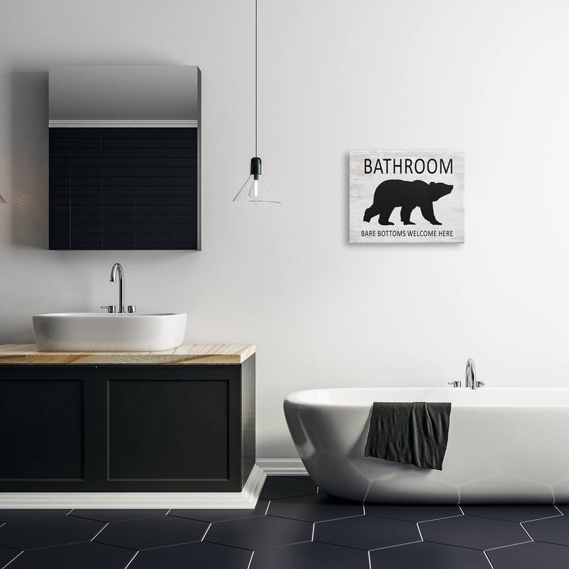 Stupell Bathroom Bare Bottoms Welcome Here Funny Rustic Bear Canvas Wall Art - White