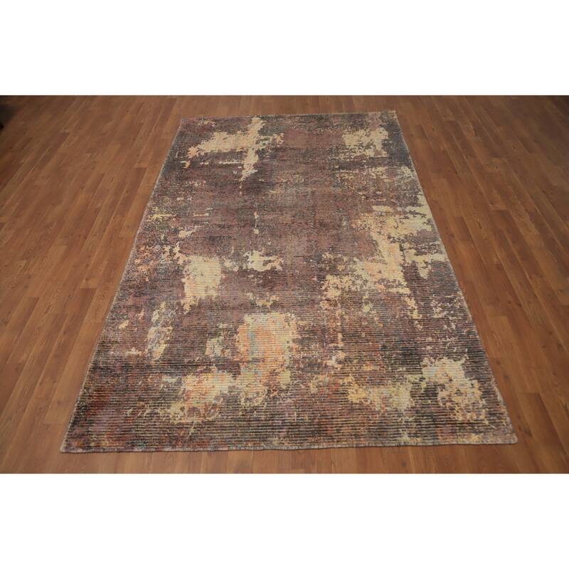 Hand Knotted Oriental Viscose Silk Carpet Modern All-Over Brown Abstract Area Rug - 7' 9'' X 4' 11''