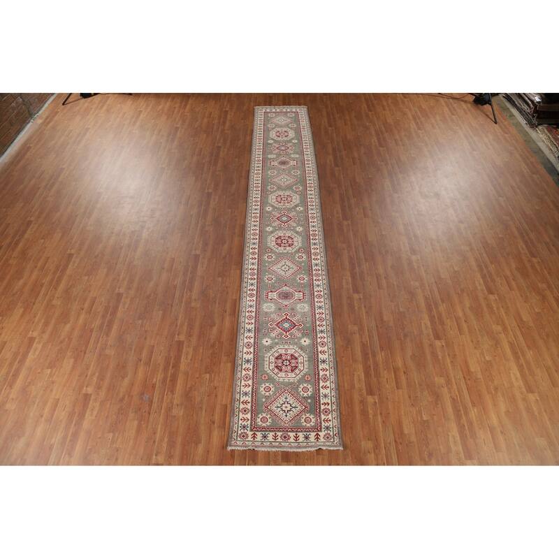 Gray Geometric Kazak Runner Rug Handmade Wool Carpet - 2'9" x 16'5"