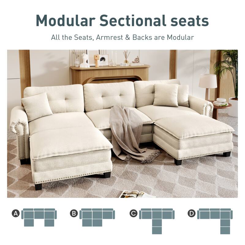 MAISON ARTS Mid-Century Modern Oversized L/U Shaped Cloud Couch with Ottoman, Deep Seat Sectional Sofa with Throw Pillows