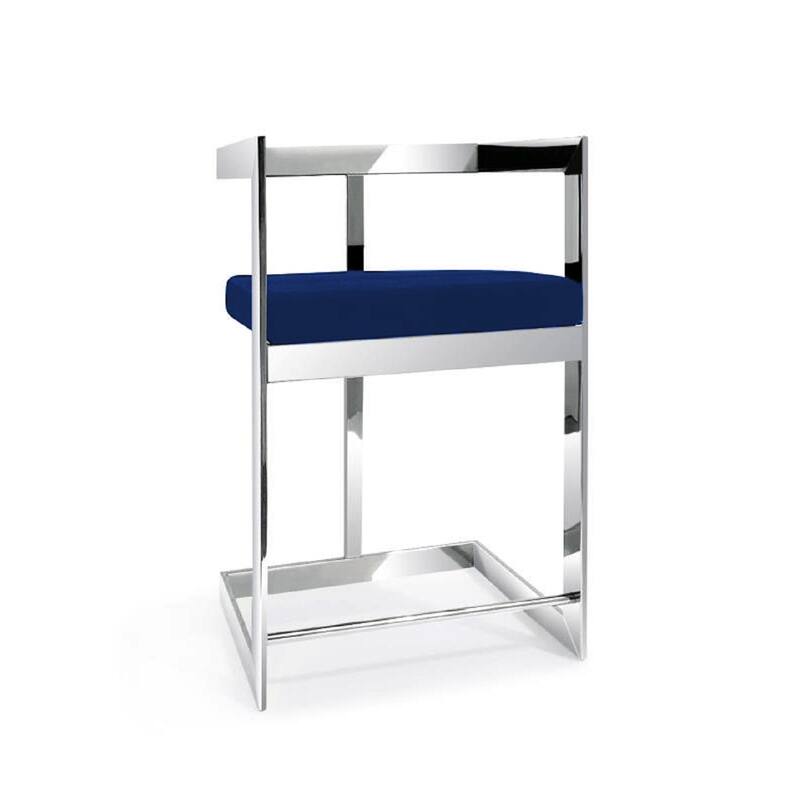 HomeRoots 26" Blue and Silver Metal and Velvet Low Back Counter Height Bar Chair