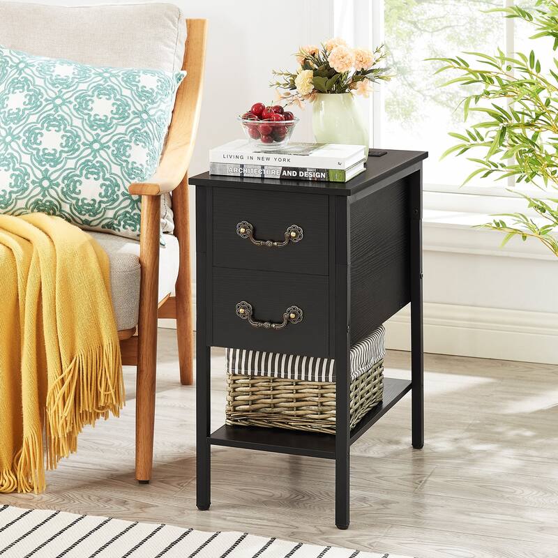 Taomika Industrial 2-Drawer Nightstand with Charging Station 2 USB/2 AC Ports & Open Shelf for Bedroom and Living Room