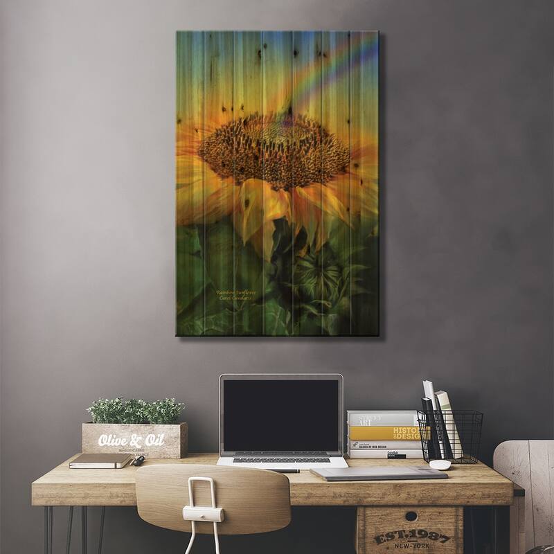Rainbow Sunflower Print On Wood by Carol Cavalaris - Multi-Color