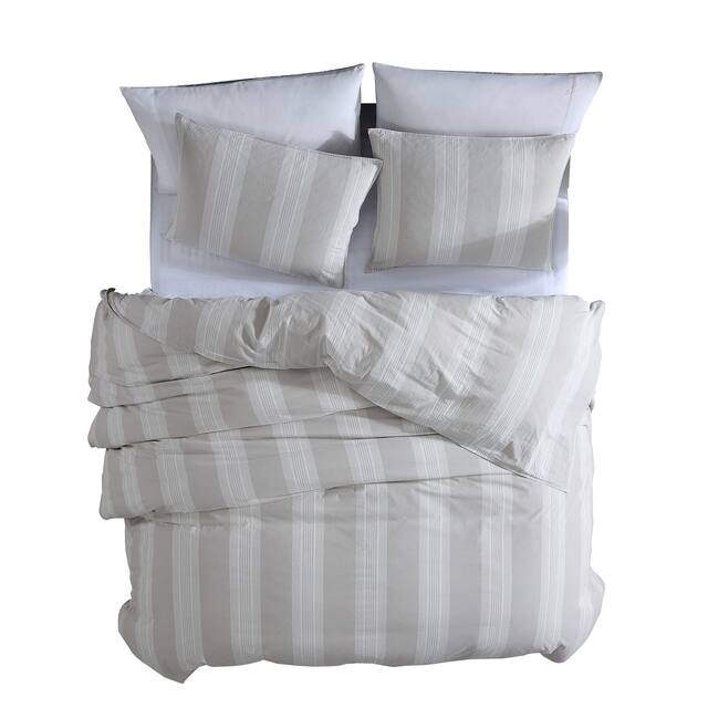 3 Piece King Comforter Set with Vertical Stripes Pattern, White and Brown